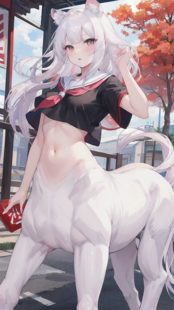 (best quality, masterpiece), 1 girl, centaur, I beg, White skin, Korean schoolgirl,black pink, exposing the abdomen, beautiful girl perfect, White tiger photo, 완벽한  White tiger photo