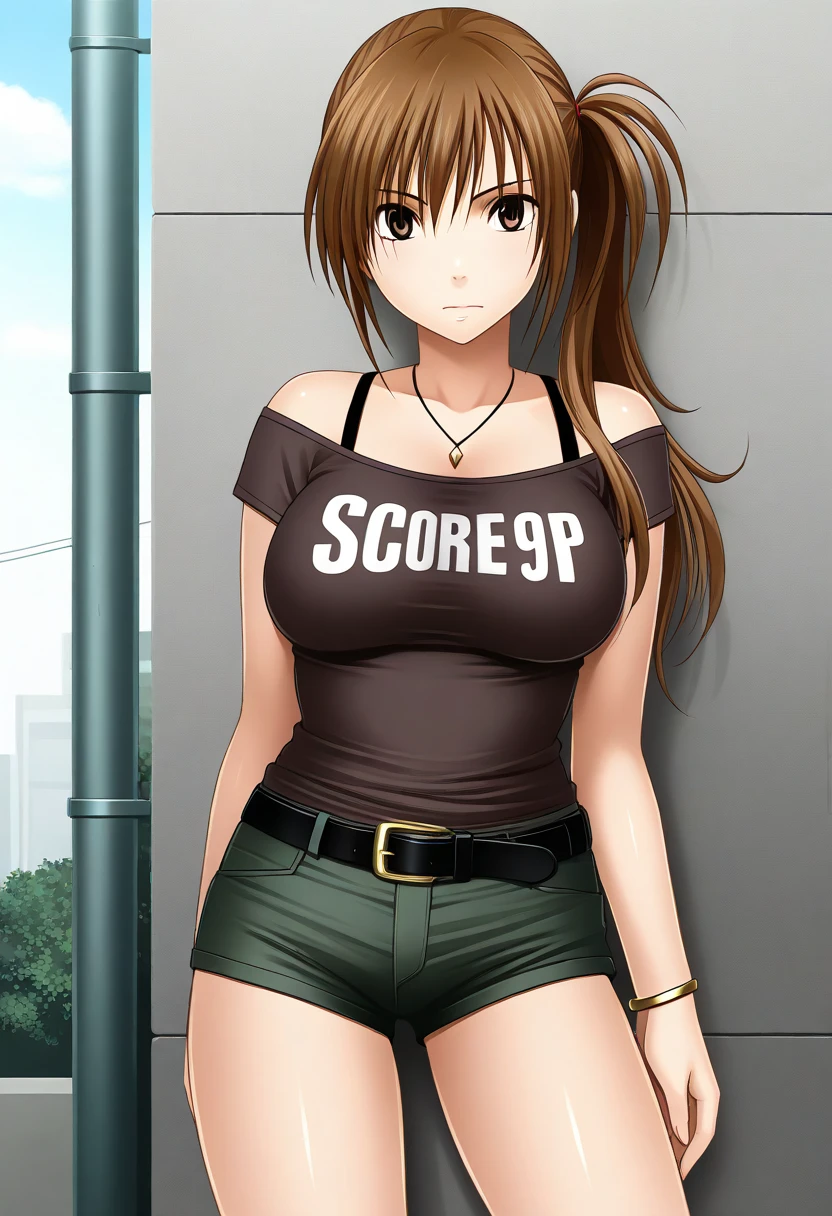 score_9, score_8_up, score_7_up, BREAK source_anime, masterpiece, 
1girl, solo, nagumo sayuki, long hair, side ponytail, brown hair, brown eyes, large breasts, shirt, bare shoulders, clothes writing, short shorts, bra strap, belt, necklace, bracelet, 
standing, cowboy shot, outdoor,  