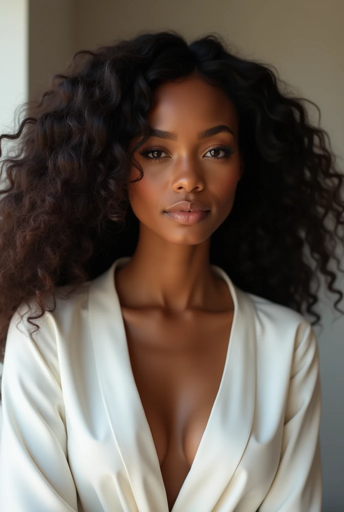 Black woman with black clothes, fille sexy aux yeux bruns, Portrait Naomi Campbell, cheveux bruns et grands yeux, Selfie d'une jeune femme, Yeux de chambre, sza, sans maquillage, maquillage naturel, looking straight at camera, Visage avec Artgram, Maquillage subtil, Superbe photo du corps entier, on a balcony with mountains behind her, French cleavage ((ultra realistic eyes and mouth))
