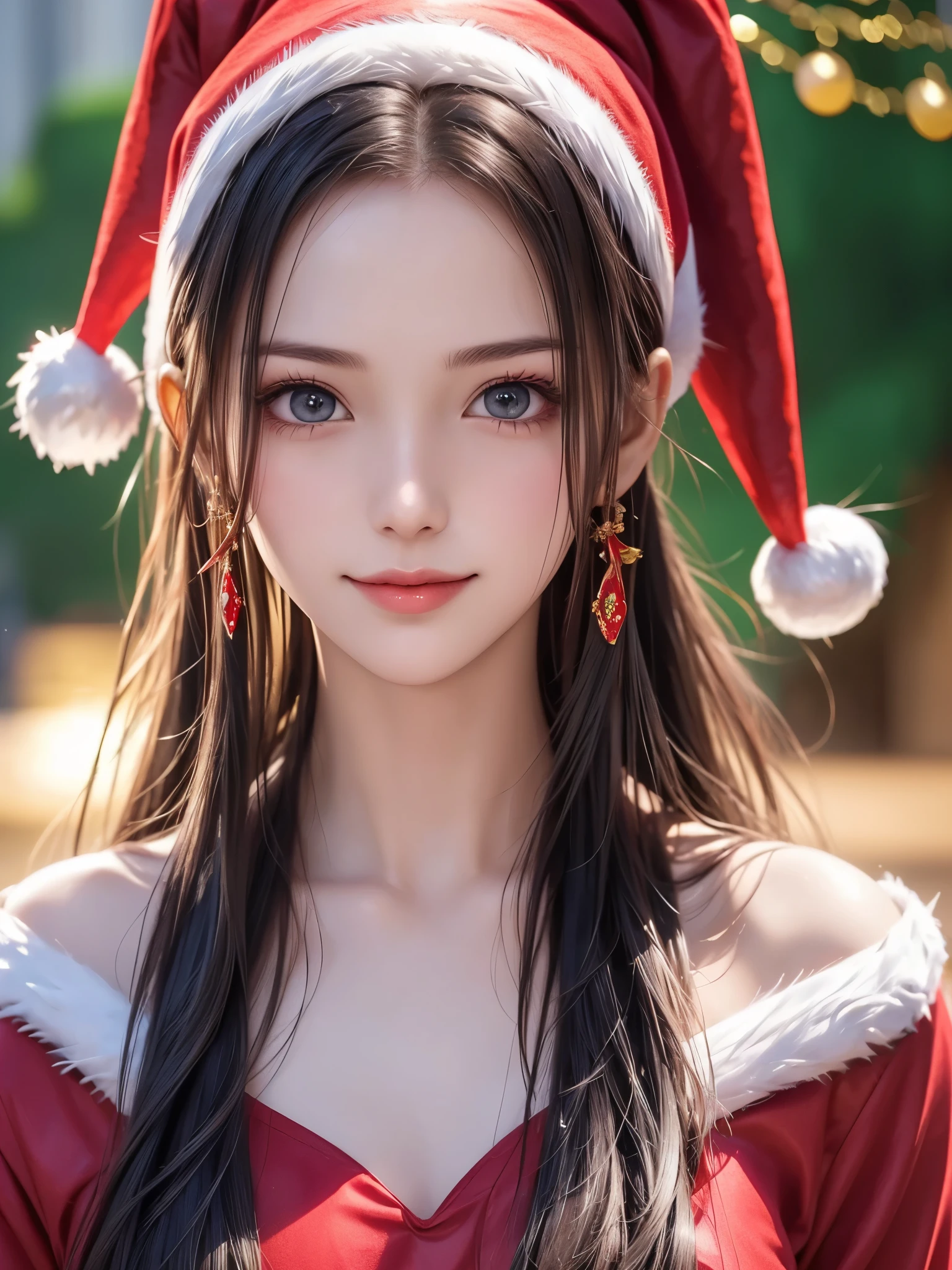  top quality、 super high resolution 、(Photographically: 1.4)、 beautiful eyes、 very beautiful 、 shiny hair、Thin hair、 Merry Christmas 、 Christmas tree、smile、(( red Santa Claus costume 、Santa hat、Ponytail、Forehead))