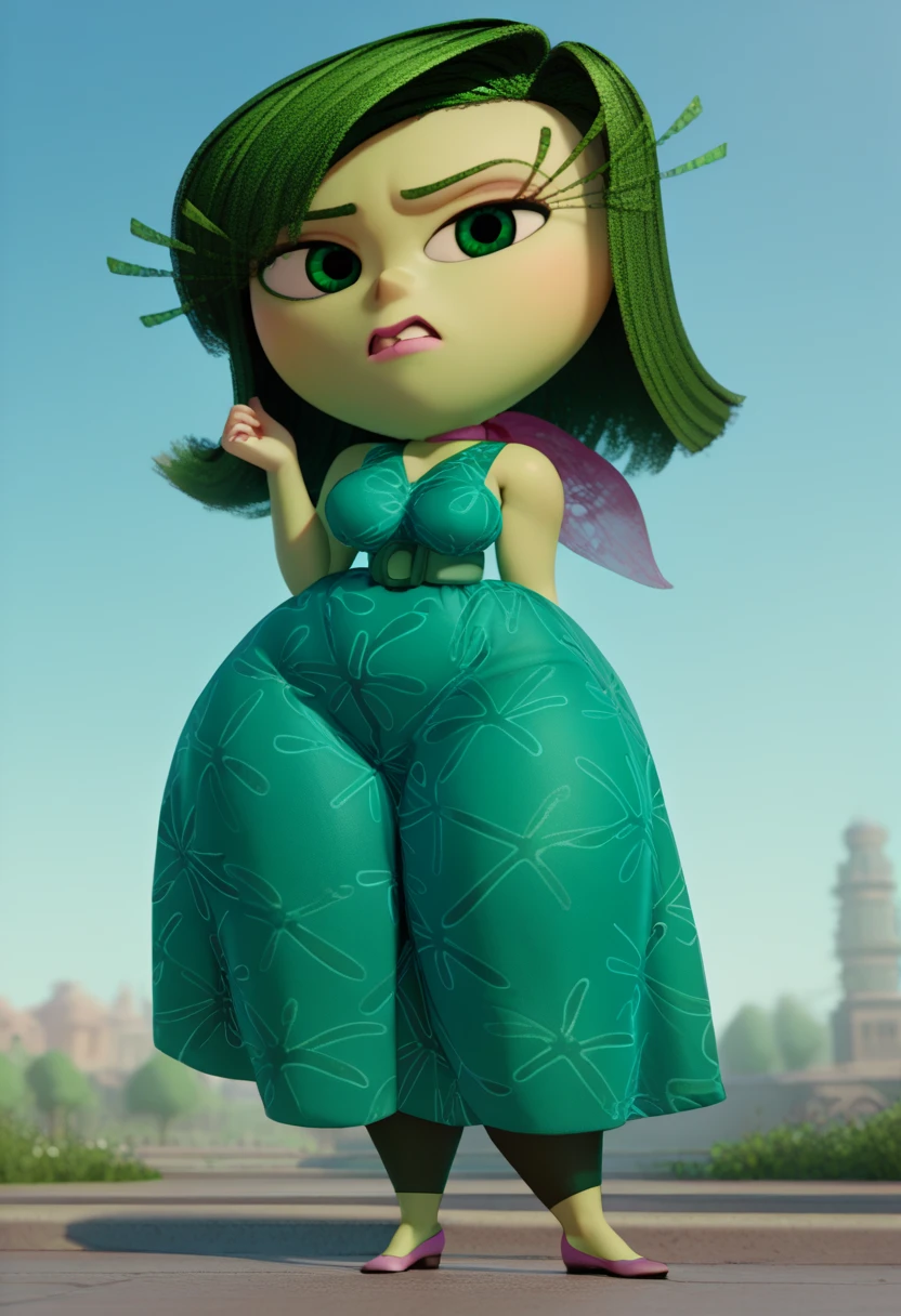 
 Disgust of intensely , giant and wide ass ,  large, saggy breasts ,  very thick thighs wide,  dress with short skirt color verbe,  tight bluyin dark verb , verb skin , light green eyes, dark verb hair,  full body