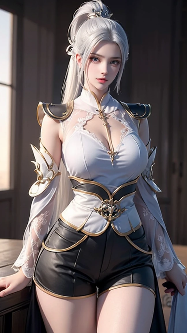 A white hair、Close-up of Miss wearing white mask,  Beautiful Figure Painting , Gu Weiss,   Gurwitz Style Artwork  , White-haired god, author：Yang Jie,  Epic Beautiful Figure Art ,   Extremely fine CG8K wallpaper  , author：Fan Qi, by Wuzhun Shifan,  Pixiv Art Street Guweiz , Single ponytail, insult, High Ponytail,  tall and big, Long Legs, (Sleeveless lace shirt), ( shorts), (stripe )), ((stripe )), Walk, Elegant, dignified, Miss, Beautiful curves,  sweet smile , Strong details and layering, color丰富绚丽,  has a unique texture ,  colorful, color, vivid, Design Art, 16K,  super detailed, {{illustration}}, { Extremely refined}, {Exquisite surface treatment},  super detailed, Delicate and shining eyes, {{ movie lighting}}, Extreme Lighting Effects , Model:  illustrion , CFG size: 12, Laura: Bright texture (1.35),  high quality , masterpiece,  exquisite facial features ,  delicate hairstyle depicting , 眼睛的细致描绘, masterpiece,  Best Quality,  ray tracing ,  Extremely Fine CG Uniform 8K Wallpaper , masterpiece,  Best Quality, ( 1 girl), Perfect Miss figure, (((Tight white T-shirt))),  beautiful eyes, ( exquisite face ),  Black Short Hair ,  tie up your hair , light blue hairpin,  black silk eyeglass frames , In the classroom, ( white skin), (Optimal lighting), (  Super Intricate Details  ), 4K Unified, ( super detailed CG),  showing off her white legs , , Hot Pants,  shorts,
