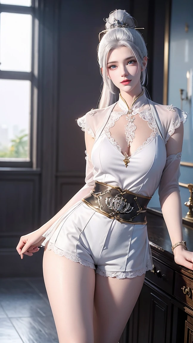 A white hair、Close-up of Miss wearing white mask,  Beautiful Figure Painting , Gu Weiss,   Gurwitz Style Artwork  , White-haired god, author：Yang Jie,  Epic Beautiful Figure Art ,   Extremely fine CG8K wallpaper  , author：Fan Qi, by Wuzhun Shifan,  Pixiv Art Street Guweiz , Single ponytail, insult, High Ponytail,  tall and big, Long Legs, (Sleeveless lace shirt), ( shorts), (stripe )), ((stripe )), Walk, Elegant, dignified, Miss, Beautiful curves,  sweet smile , Strong details and layering, color丰富绚丽,  has a unique texture ,  colorful, color, vivid, Design Art, 16K,  super detailed, {{illustration}}, { Extremely refined}, {Exquisite surface treatment},  super detailed, Delicate and shining eyes, {{ movie lighting}}, Extreme Lighting Effects , Model:  illustrion , CFG size: 12, Laura: Bright texture (1.35),  high quality , masterpiece,  exquisite facial features ,  delicate hairstyle depicting , 眼睛的细致描绘, masterpiece,  Best Quality,  ray tracing ,  Extremely Fine CG Uniform 8K Wallpaper , masterpiece,  Best Quality, ( 1 girl), Perfect Miss figure, (((Tight white T-shirt))),  beautiful eyes, ( exquisite face ),  Black Short Hair ,  tie up your hair , light blue hairpin,  black silk eyeglass frames , In the classroom, ( white skin), (Optimal lighting), (  Super Intricate Details  ), 4K Unified, ( super detailed CG),  showing off her white legs , , Hot Pants,  shorts,
