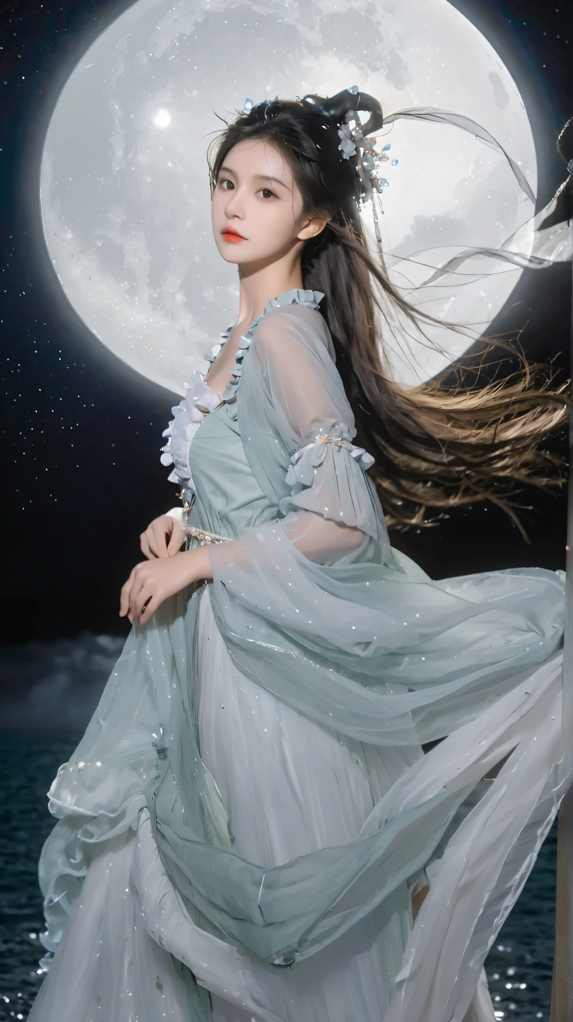 (Close up portrait of *********** with slender small breasts with hair fluttering in the wind in ruffled dress:1.5)、(Girl looking at full moon shining in sea in night sky:1.3)、(Full moon and late night sea :1.3)、(tre anatomically correct:1.3)、(complete hands:1.3)、(complete fingers:1.3)、Photorealsitic、Raw photography、masutepiece、top-quality、Hi-Res、delicate and pretty、face perfect、Beautiful detailed eyes、Fair skin、Real Human Skin、pores、((thin legs))、(Dark hair)