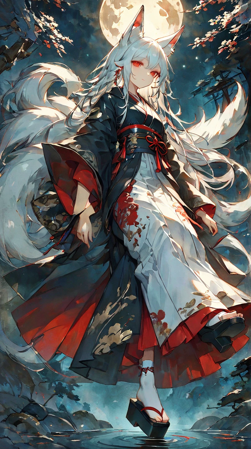 Masterpiece, highest resolution, highest quality, detailed depiction, beautiful, art, watercolor style, Japanese yokai, (beautiful face1.4),((full body shot1.4)), full-body illustration of a nine-tailed fox girl, personified as a young woman. She has long, flowing silver hair with subtle red highlights, reflecting a mystical glow. Her fox ears and nine fluffy tails are adorned with intricate ornaments inspired by ancient Japanese designs. She wears a blend of traditional Japanese kimono and modern fantasy elements, featuring a white and red color scheme with golden accents. Her footwear consists of elegant, traditional Japanese wooden sandals (geta) with red straps, complemented by white tabi socks with gold embroidery. The setting is an ethereal forest under the moonlight, but without any glowing foxfire orbs. Her expression is calm and enigmatic, exuding a sense of wisdom and allure,4K graphics.