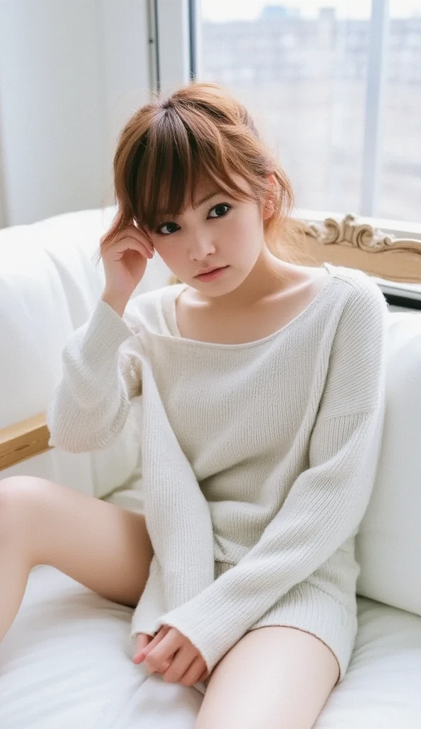   top quality,  very detailed with crimson hair, (Watercolor), bloom,  delicate and beautiful, shape, (from below),( 1 girl:1.4), (Alone:1.2), Big Breasts, ( Rib Knit Sweater:1.3),  off-shoulder sweater, (Shorts:1.2), Bare shoulders, ( Underbob ), (( white skin:1.2)),   beautiful eyes , ( messy hair ),  photoshoot,  Over-the-Shoulder Shot, ,  Professional, Canon Camera, Nikon Camera,  sharp, Bokeh,  Studio Quality ,  fisheye lens, Miss Robert Capa  ,