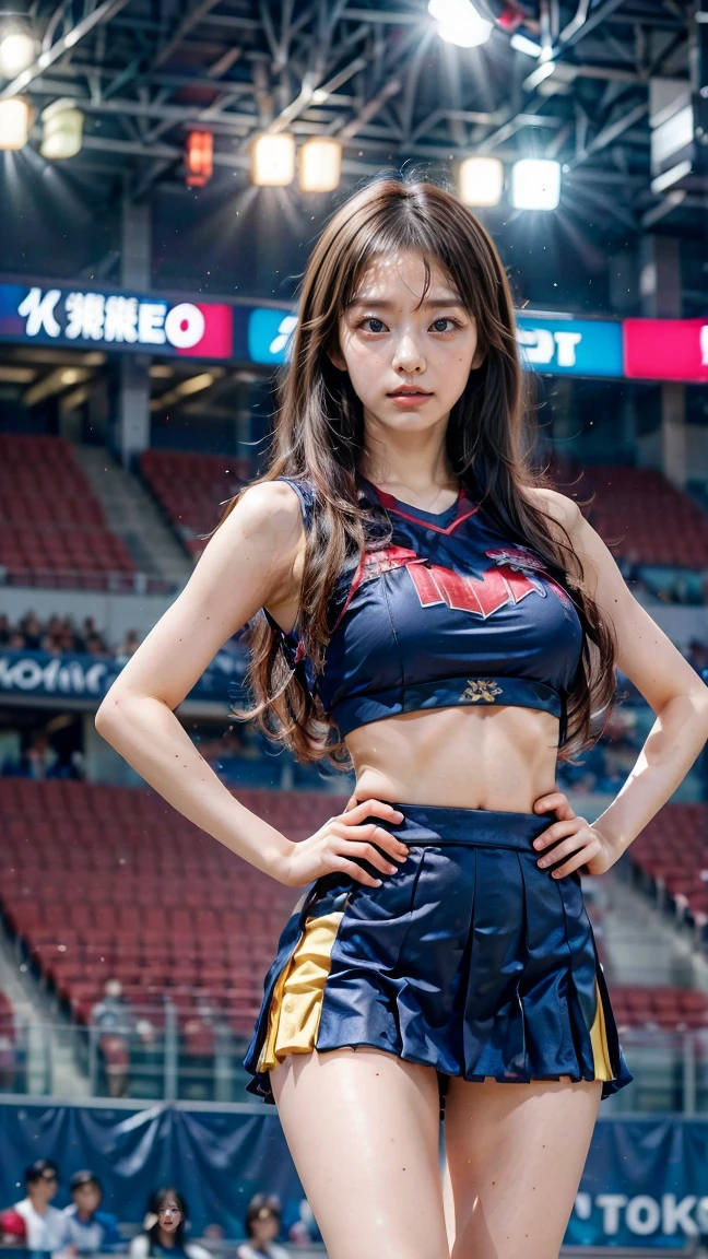 masterpiece、Award-winning works、Highest quality、Highest quality、Glowing Skin、(Big Breasts:1.2)、Nice body、Korean girl in cheerleader outfit、Side twin tail、Match venue、Thigh to head