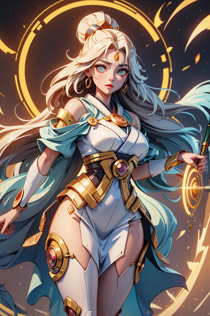 very cool intelligent beauty, silver glasses, a bare mini-length shrine maiden costume, anime, manga, illustration, fantasy, white silver glossy flowing layered wavy long hair, french braid ponytail, sparkling glossy gold big eyes, huge breasts, abs, slender, full body, background galaxy brilliant magic circle, give off rainbow and gold neon light many lines radially from floor and ceiling, portrait, animification, high resolution, best quality, very high image quality, ultra detailed, hyper realistic, photorealistic --auto --s2
