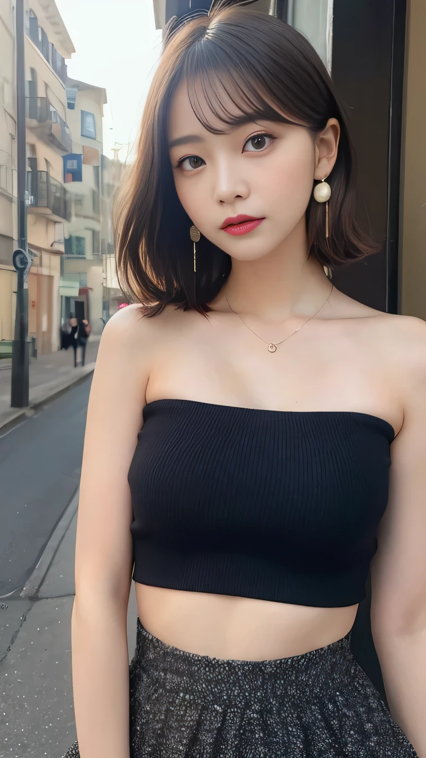 highest quality, Ultra-high resolution, (Realistic:1.4), One girl, off-the-shoulder white shirt, Black tight skirt, Black Choker, (Short Hair:1), (Small breasts:1.2), View your viewers, close ,