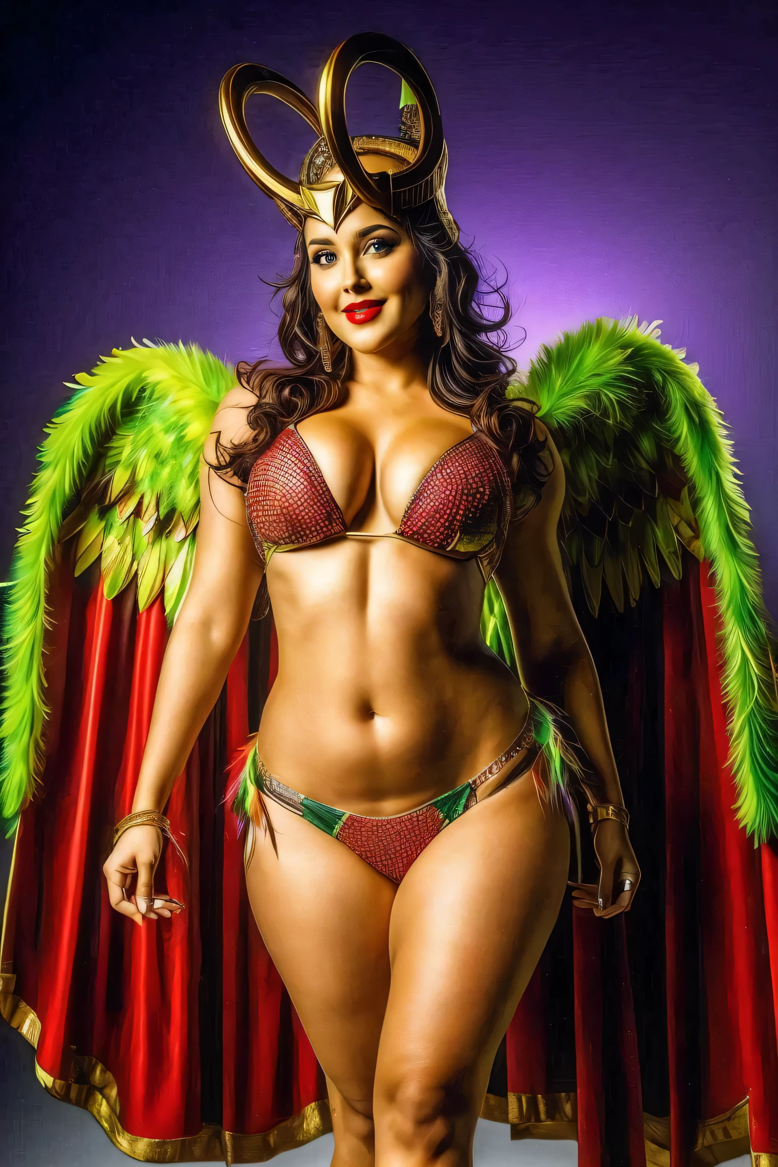 Masterpiece, best quality, , feather wings ,  sexy curvy fitness body, 8K, HD, particles,on a fashion show , perfect detailed eyes, red lips,  navel piercing , skimpy micro bikini, Anikha kpd, loki headdress