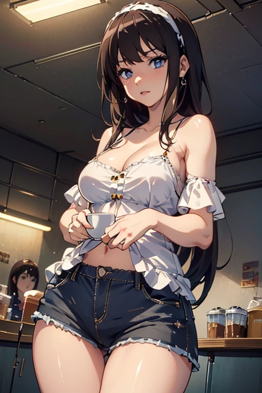 (masterpiece, Best Quality, ultra-detailed, high resolution, extremely detailed CG, official art, Professional Lighting, Perfect Anatomy, anime colors), (from below), looking at viewer, cowboy shot, perfect body, a 24yo beautiful girl, sidelocks, hairband, earrings,medium hips, glamorous body,a small face,beautiful-makeup,Makeup light,dark brown hair, Amazing Cleavage, thin waist, cute ass, Raised sexy, small breast: 1.2 posed cleavage:1.2, (off shoulders,Denimbra,legginullnude), micro denim shorts, bare legs, nail_polish, pale skin, Waiting friend, (morning:1.5), tokyo, (convenience store:1.3), outdoor, (depth of field:1.3), contrapposto, (Hold a coffee in your hand:1.3),delicate beautiful face, Bright blue eyes, cute eyes, sparkling eyes, Big eyes, (perky chest:1.1), (pointed chest:1.3), looking at viewer,
