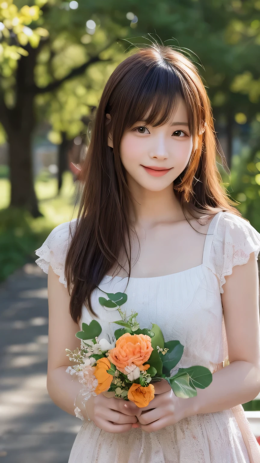 best quality ,masterpiece,ultra high res, very beautiful, kawaii, (photo realistic:1.4), 1girl, Japanese, brown hair, Cinematic, 35mm lens, f/ 1. 8, accent lighting, 8k, empire wedding dress, cleavage, close-up, smile,meadow background, blue sky,