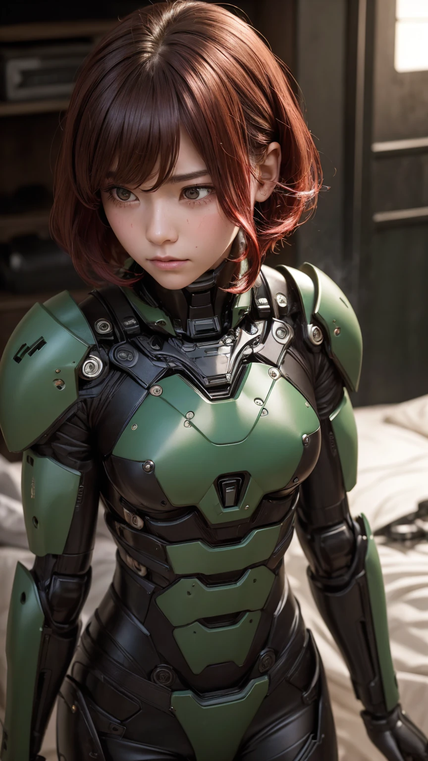 textured skin,  very detailed with crimson hair,  attention to detail,  High Quality , 最 High Quality ,  high definition , 1080P,  hard disk ,  beautiful,(Combat equipment), beautifulサイボーグ女性, dark green mecha cyborg girl lying on a mechanical bed ,fight,Girl with a mechanical body,、Kindergarten girl　Masculine short hair、 sweaty brown eyes 、Sweaty face、 Expressions of distress　 blanking in the heart of the city　cute　 dark-haired　((  steam coming out of her head )) ( steam is coming out of my whole body)  cool pose　 don't reveal your skin　Transformation pose