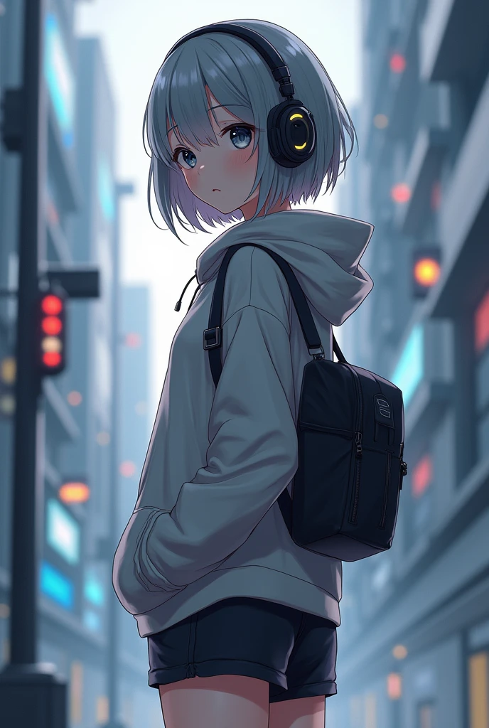  cyberpunk anime style girl、 short、Modest chest、Gray Hair、Short、Shorts、Clothes hoodie with hat on back 、Headphones in ears、Background Near Future