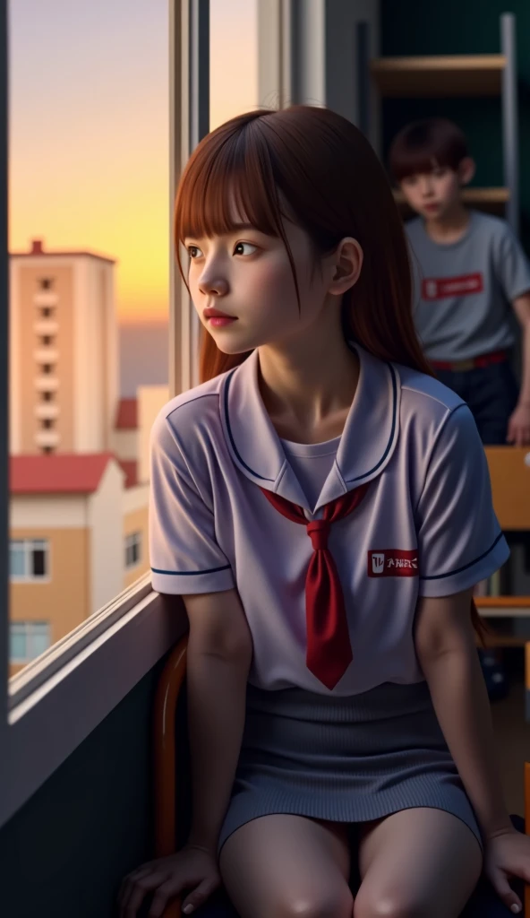  back view、Classmate girl sitting by the window 、((( Girl looking out of the window at dusk ：１．５)))、A girl wearing a cane、((( Back view of a boy staring at that girl:1.5)))、