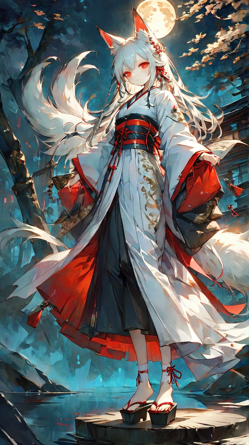 Masterpiece, highest resolution, highest quality, detailed depiction, beautiful, art, watercolor style, Japanese yokai, (beautiful face1.4),((full body shot1.4)), full-body illustration of a nine-tailed fox girl, personified as a young woman. She has long, flowing silver hair with subtle red highlights, reflecting a mystical glow. Her fox ears and nine fluffy tails are adorned with intricate ornaments inspired by ancient Japanese designs. She wears a blend of traditional Japanese kimono and modern fantasy elements, featuring a white and red color scheme with golden accents. Her footwear consists of elegant, traditional Japanese wooden sandals (geta) with red straps, complemented by white tabi socks with gold embroidery. The setting is an ethereal forest under the moonlight, but without any glowing foxfire orbs. Her expression is calm and enigmatic, exuding a sense of wisdom and allure,4K graphics.