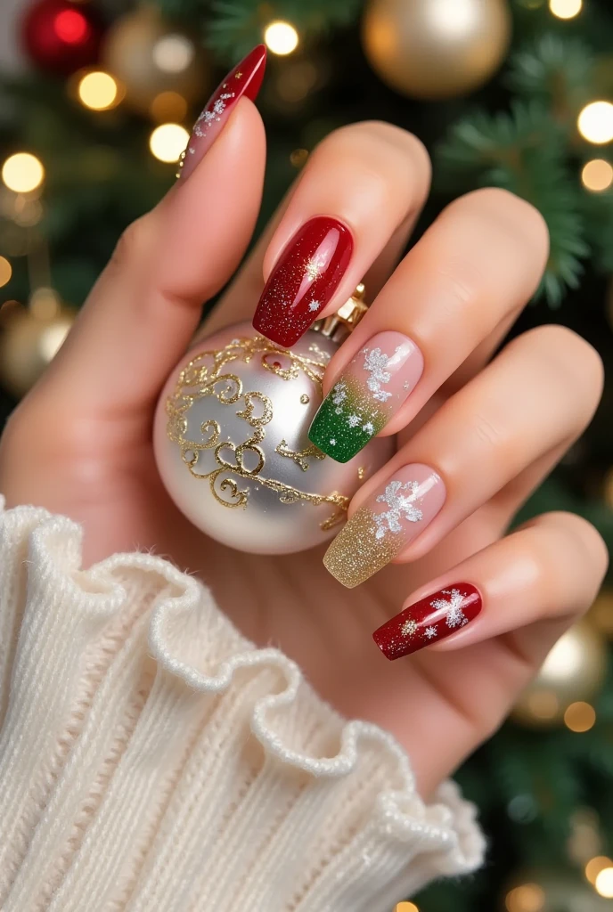 Close-up of a very good-looking hand holding a bottle of blue nail polish。(((nail design，Beautiful nails with Santa Claus head on them)))。