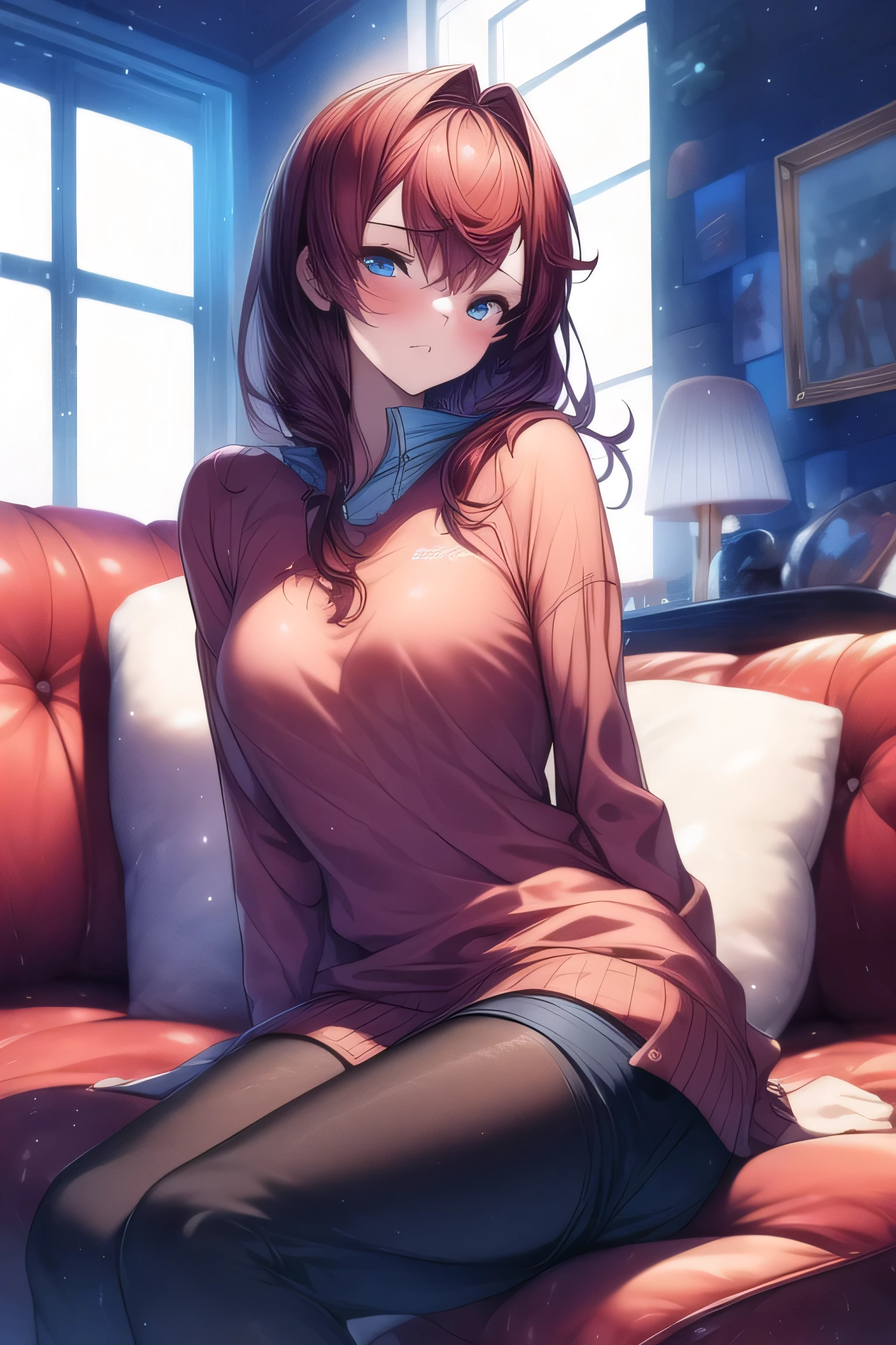 (( top quality)), ((masterpiece)), ( Details),masterpiece, 1 girl,Acup,  small tits, 18 years old, ,Melancholic, I'm going to look up, miniskirt, Winter clothes, Loungewear, Fluffy,   lean forward ,  pant stockings, Sitting beside me on the couch, close, Hold a stuffed dinosaur, 