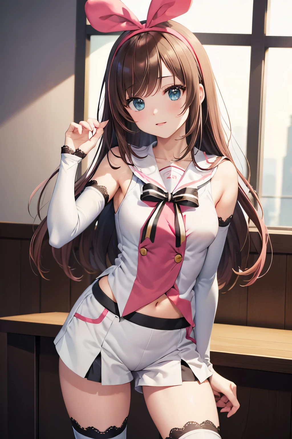 (8k, raw photo, masterpiece, extremely detailed, best quality, professional lighting, high res), BREAK beautiful and adorable girl, kizuna ai, cute, long hair, brown hair, multicolored hair, short shorts, pink hairband, white shorts, detached sleeves, pink hair, blue eyes, white thighhighs, breasts, sleeveless shirt, white sailor collar, bowtie, hair bow, white shirt, lace-trimmed legwear, 156 cm height, 85cm bust, 59cm waist, 83cm hips, BREAK energetic, virtual space