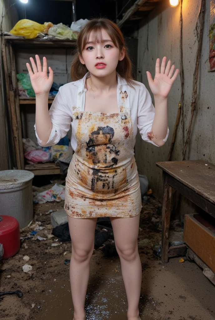 NSFW, mud, dirt,
realistic, Press photo, Documentary Technique,
hasselblad, 85mm f1.4 zeiss lens, HDR,
(full body visible:1.5), 
In this photo she is seen from head to toe,
the ground she is standing on is wet,
facing the camera, looking at the camera,
young korean girl,
pony tail, bangs,
Her face resembles "Arin" from "OH MY GIRL",
arin is Cheap hookers in the slums, poor whore, slutty whore, (very young whore:1.3), 
arin is ultimate_beautiful_girl,
she is lowteen,
big round brown eyes, 
she has very white skin, 
she has dark brown hair, 
her legs is little fat, 
she height is 153cm,
The minidress she is wearing seems to be an idol's stage costume but it is worn out and very dirty,
her clothes are thin,
Her clothes are old and very dirty,
She is not wearing underwear, 
she is not wearing panties,
she is very dirty,
She has a toilet tattoo on her chest,
She is in the early stages of pregnancy,
and her belly isn't even visible yet,


She is a slum dweller and is very dirty,
she looks unhealthy,
she prostitutes herself in the slums,
her customers are beggars,
she has many wart,
she has many scars,
Her clothes have a lot of stains,
some of stains are black some yellow some red,
Her clothes are torn in places,

The slums are dark at night, 
only the brothel's red lantern glows dimly,
She beckons the men with a blank look on her face,
A room in a cheap apartment in a slum, 
extremely small, 
windowless, 
messy room,
a mattress lying around, 
the room full of garbage,
trush, garbage, sluminterior, porn, nude, cum, cum drip,  full body, cumrag, cumrag clothes, cumrag object, 