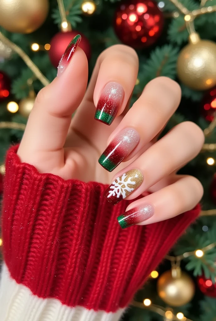 Close-up of a very good-looking hand holding a bottle of blue nail polish。(((nail design，Beautiful nails with Santa Claus head on them)))。