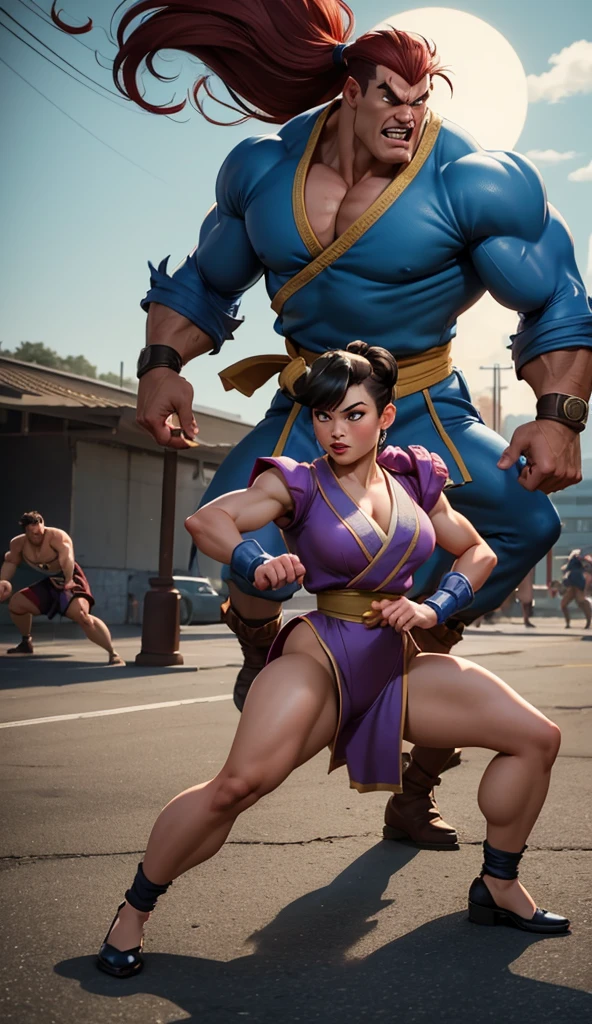 masterpiece, best quality, midler, earrings, necklace, headband, yellow scarf, star-shaped pastels, big breasts, yellow thong, sandals, walking, straight face, sand, desert, sky, sun, sideways LisaLisa, (mature female, milf: 1.1), solo, approaching, from afar, (battle stance: 1.3), aggressive gaze, black hair, long hair, (scarf: 1.1), lipstick, makeup, ultra-detailed hair , ultra detailed face, (blue | purple eyes: 1.05), perfect eyes, perfect face, earrings, (black tights: 1.1), high heels, off shoulder, dress, miniskirt, bare shoulders, necklace, purple gloves, ( Big Breasts:1.2)