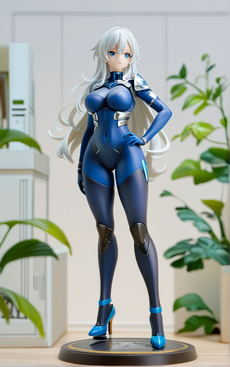 full body, def_effie, blue breastplate, blue skin, looking at viewer, shiny,armor, thighhighs, high boots,shoulder armor, faulds, poleyn, gloves, gauntlets, Rerebrace armored boots, pauldrons,(masterpiece, best quality, ultra-detailed, best shadow) yordle (1girl)( blue skin:1.2) pointy ears muscular lean platinum blonde long twin-tails hairstyle at the office lustful smirking smile face red blushed, blush, strong abs, female body builder, tiara, twin drills hai