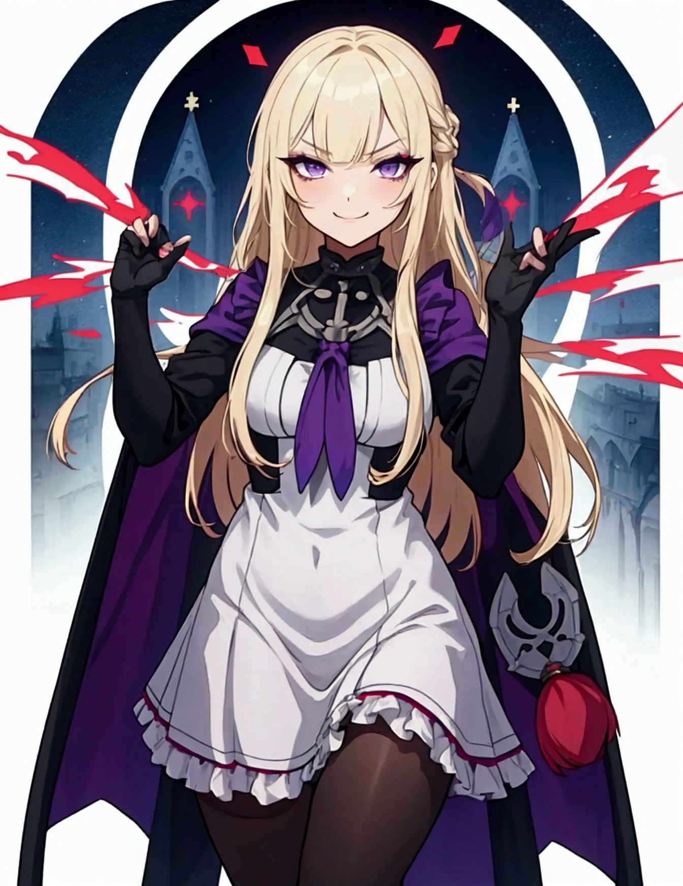 anime, girl, small boobs, dress, blonde, twin drills hairstyle, long hair, noble, shoulders, long sleeves, tights, EvilT, grin, evil eyes
