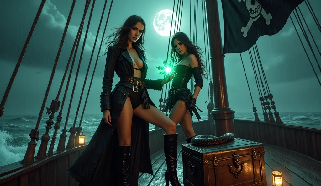 A sexy witch woman on the beach on a beach chair in the company of a demon who passes her a 