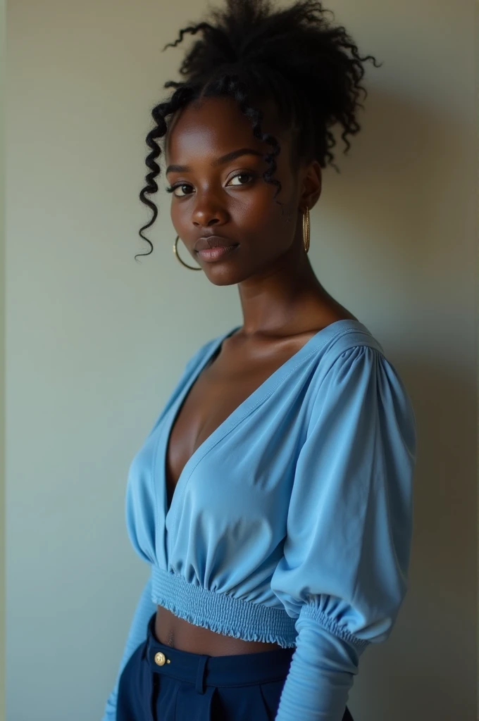 Real Life Natural Young Woman 1 Dark Brown Skin Full Body With Black Lips Hair Tied In Ponytail Repeat Now Wearing Blue Dress