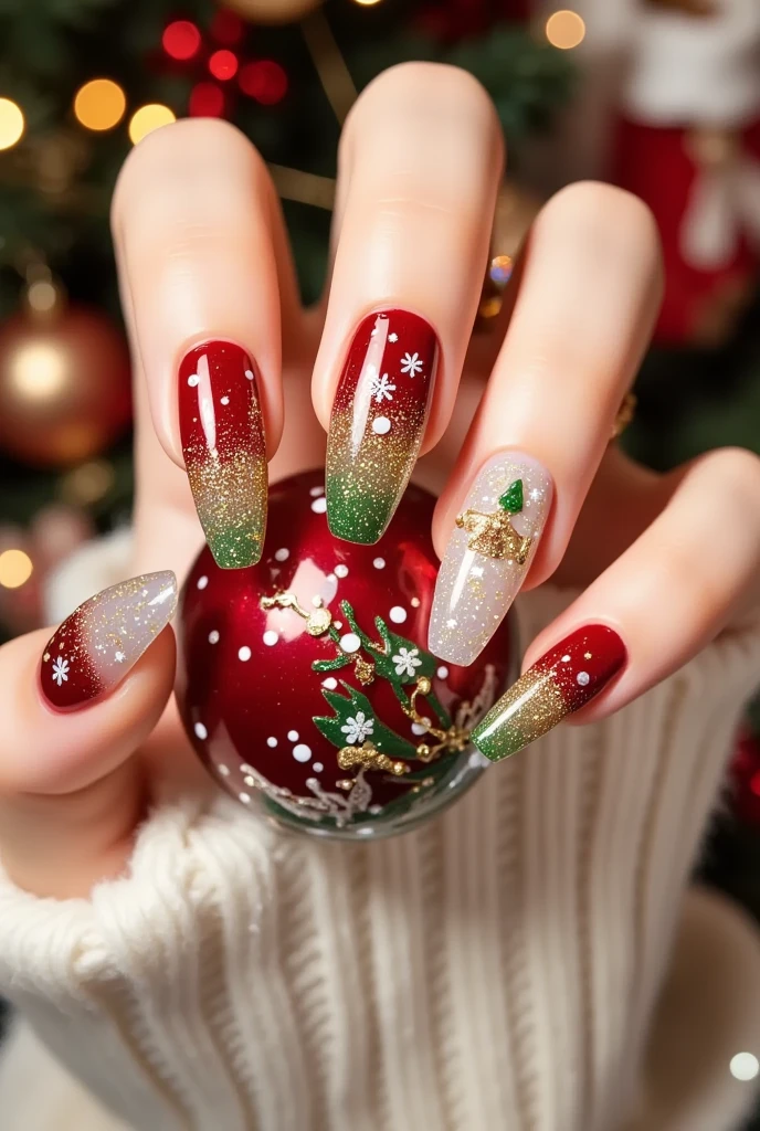 Close-up of a very good-looking hand holding a bottle of blue nail polish。(((nail design，Beautiful nails with Santa Claus head on them)))。