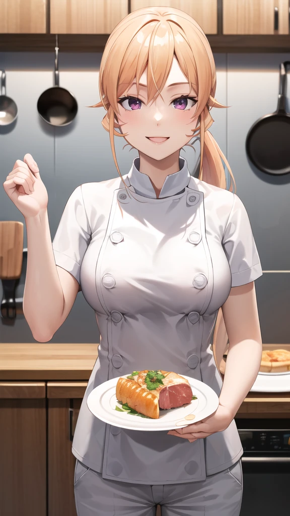 masterpiece, best quality, highres, aaerina, ponytail, long hair, white pants, chef, buttons, standing, plate, food, meat, smile, kitchen, table,