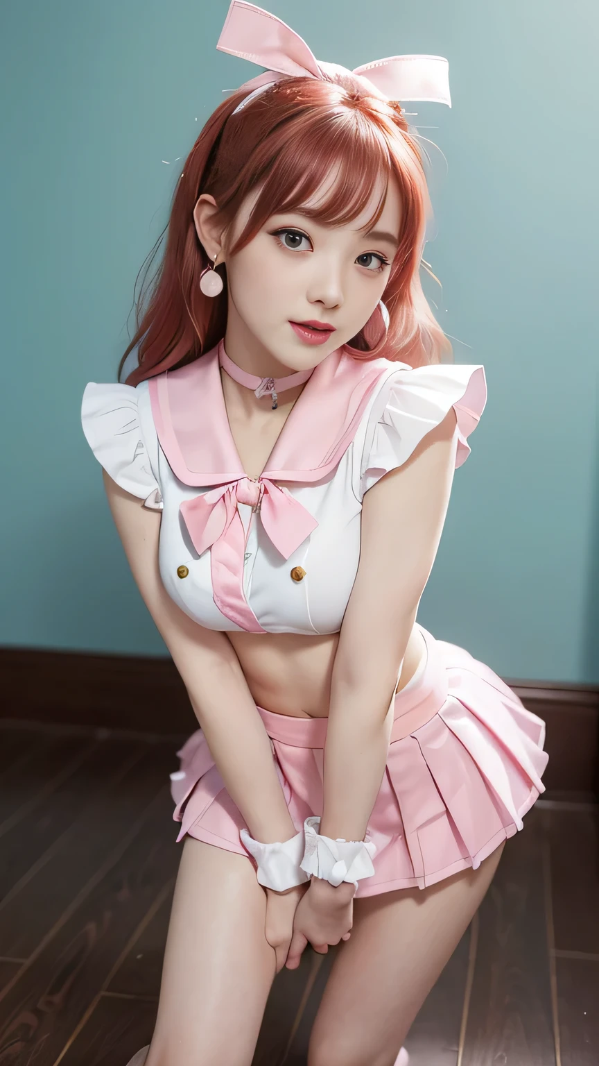 (8k, RAW photo, highest quality, masterpiece: 1.2), Super detailed, super resolution, (genuine, genuine photos: 1.37), portrait, High-definition RAW color photo, professional photos, 非常に詳細で美new, very detailed, 8k wallpaper, amazing details, huge file size, official art, very detailed CG Unity 8k wallpaper, very detailed beautiful girls, very detailed facesHighly detailed eyes, Very fine skin, very detailed fingers, very small nose, very detailed detailed mouth, perfect anatomy, detailed background, fine clothes,20th generation, cute girl, genuineistic body, white skin, glowing skin, (dull bangs: 1.2), smile, cute, like々new, cute face, genuineistic face, delicate eyes, sagging eyes, (Super miniskirt cheerleader costume)、(sexy and dynamic dance pose)), earrings、looking at camera, Contrapos, dynamic lighting, G cup breasts,big breasts、I can see the cleavage、panty shot、(pastel pink and pastel blue、White Theme:1.4), (cute school uniform:1.2), (pink sailor collar and big pink ribbon:1.4), (raise button:1.4), (wearing a pink pleated miniskirt.1.2), (barefoot:1.3), (loose socks:1.2), (BLACK PLATFORM HIGH BOOTS:1.2),(Dancing on a wide stage illuminated by colorful lights 1.2)