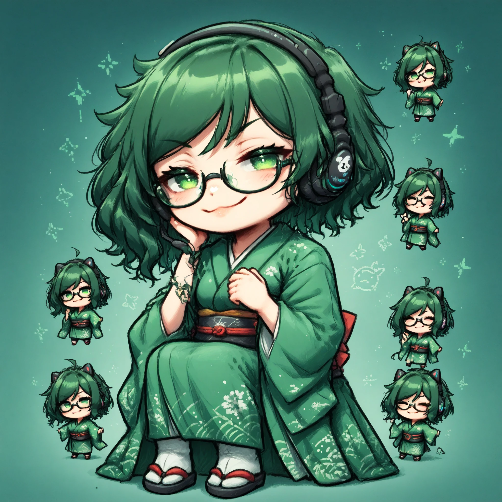 Japanese woman, one person, black wavy hair, semi-short hair, wearing glasses, Front facing, gaming headset, full body image, deep green Japanese-kimono, icon, chibi, kawaii, smug face, 