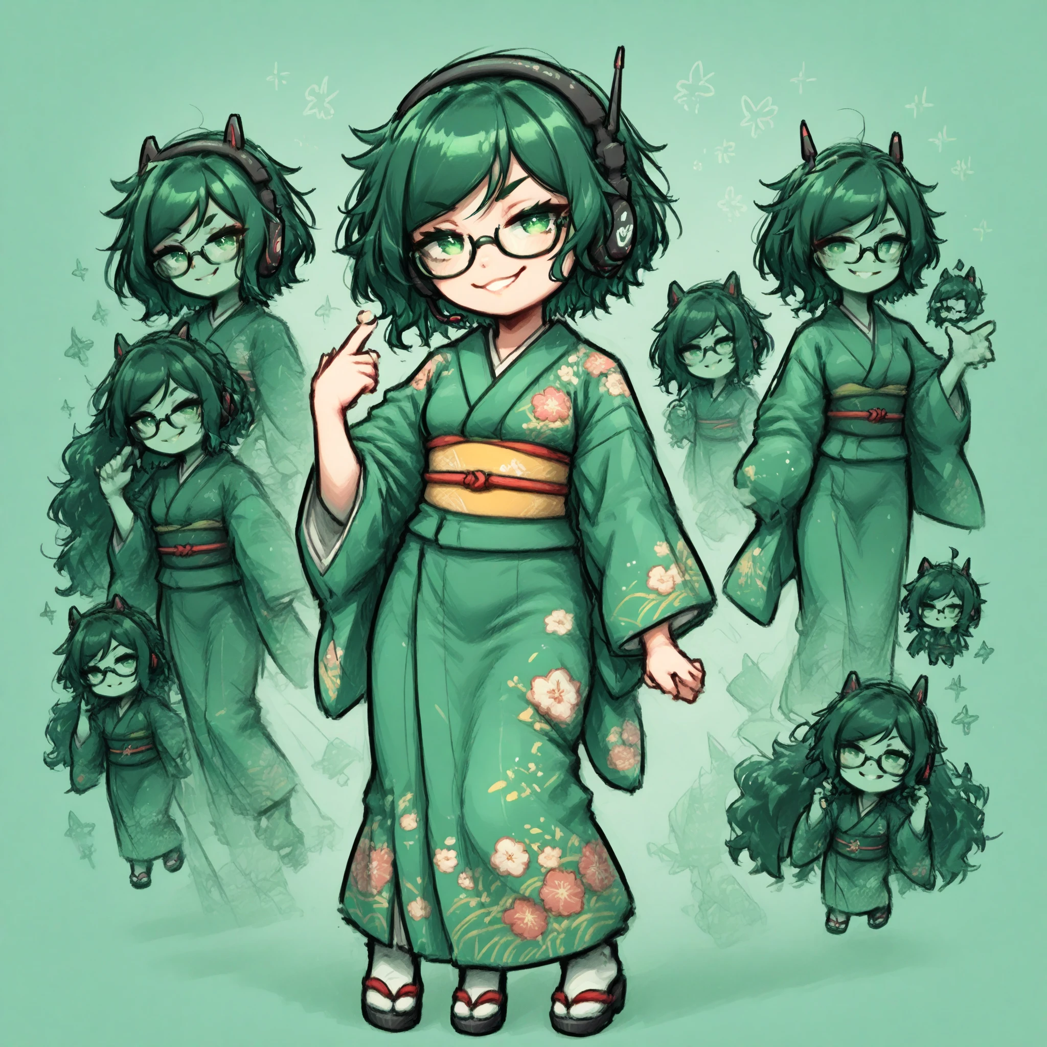 Japanese woman, one person, black wavy hair, semi-short hair, wearing glasses, Front facing, gaming headset, full body image, deep green Japanese-kimono, icon, chibi, kawaii, smug face, 