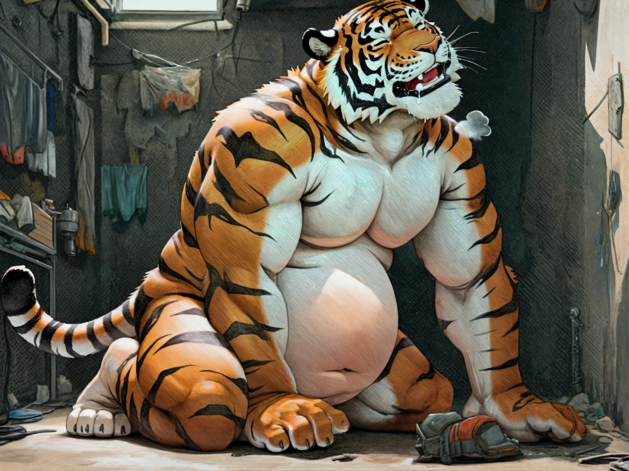 solo, two headed tiger, masculine, angry, brow furrowed, tired, frown, by dramamine, identical:1.9, obese, old, bathroom background, shirtless, nude, testicles, beard, dirty, disgusting, green theme, (long tail:1.2), gray hair, (back view:1.3)