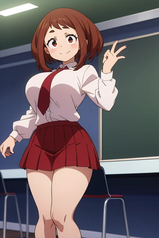 score_6_up, best quality, anime screencap, 1girl, ochako uraraka, skirt, white shirt, red tie, standing, school, big breasts, smile, from front, looking at viewer, thick legs