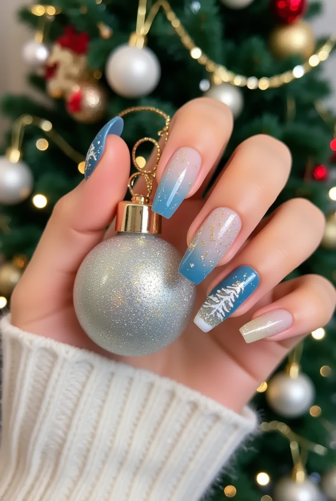 Close-up of a very good-looking hand holding a bottle of blue nail polish。(((nail design，Beautiful nails with Santa Claus head on them)))。