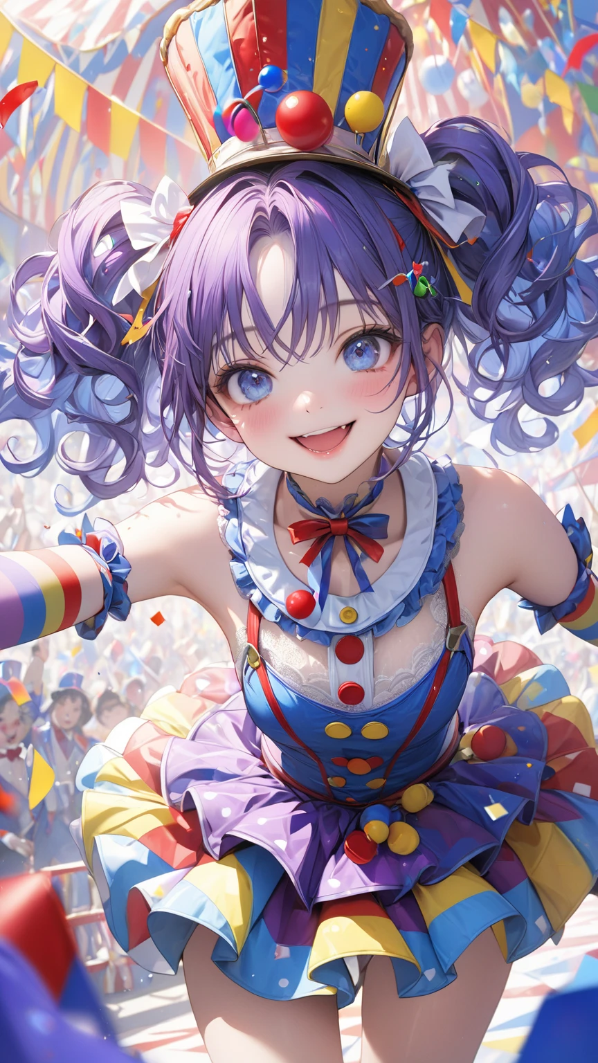        high definition    , masterpiece,    解剖学的にAccurate  , Accurate,  top quality,        high definition    model,     high detail,   Curled purple hair in great detail,  Ultra-    high definition  ,  textured skin,    1 cute clown girl   ,  Bare shoulders、 clavicle 、Blue Curly Hair、Sparkling blue eyes、    fancy clown costume with mini skirt、  circus tent  、 smile, Clown Makeup、That's a weird   、   Lace Panties  、 close-up 、 Move、     colorful   、Confetti、  realistic 、 excitement 、 close-up 