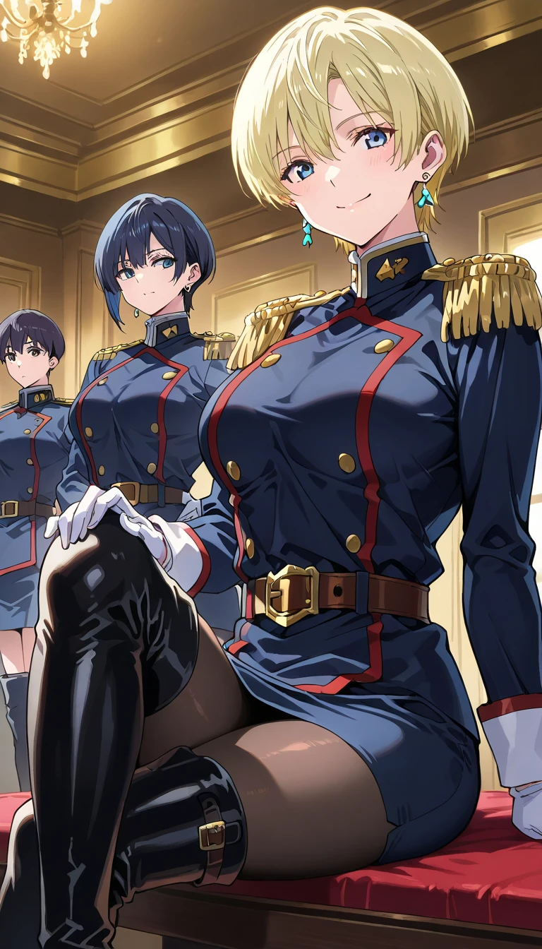 
masterpiece、best quality、extremely detailed、8k、 high-resolution photo , masterpiece,  top quality、Hires .fix:1.4、 1 beautiful woman、It goes to Izumo, short hair, blue eyes, blonde hair,thighhighs, gloves, jewelry, earrings, boots, shorts, belt, uniform, military, military uniform, thigh boots, epaulettes,
skirt, long sleeves, jewelry, pantyhose, earrings、 smiles