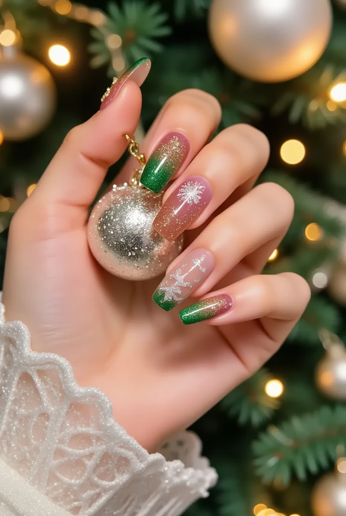 Close-up of a very good-looking hand holding a bottle of blue nail polish。(((nail design，Beautiful nails with Santa Claus head on them)))。