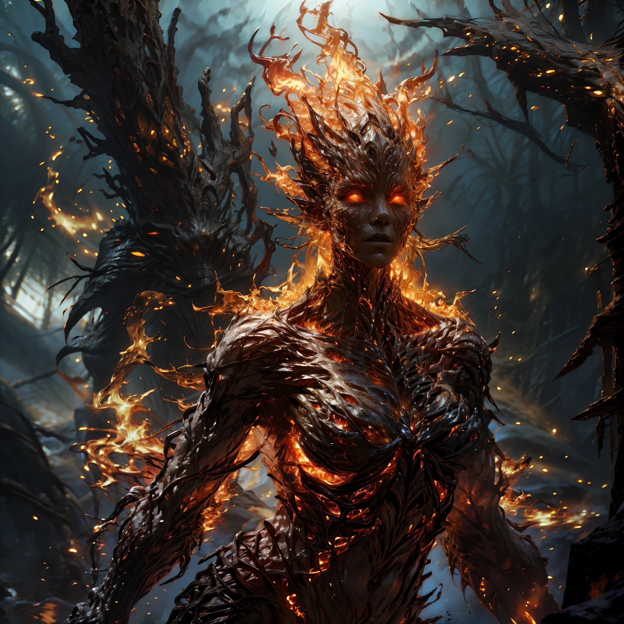 Beautiful woman with fiery elemental form, elaborate fiery details, large breasts, sensual pose, detailed face features, ethereal fire effects, dramatic lighting, cinematic composition, fantasy art, vibrant colors, seamless integration