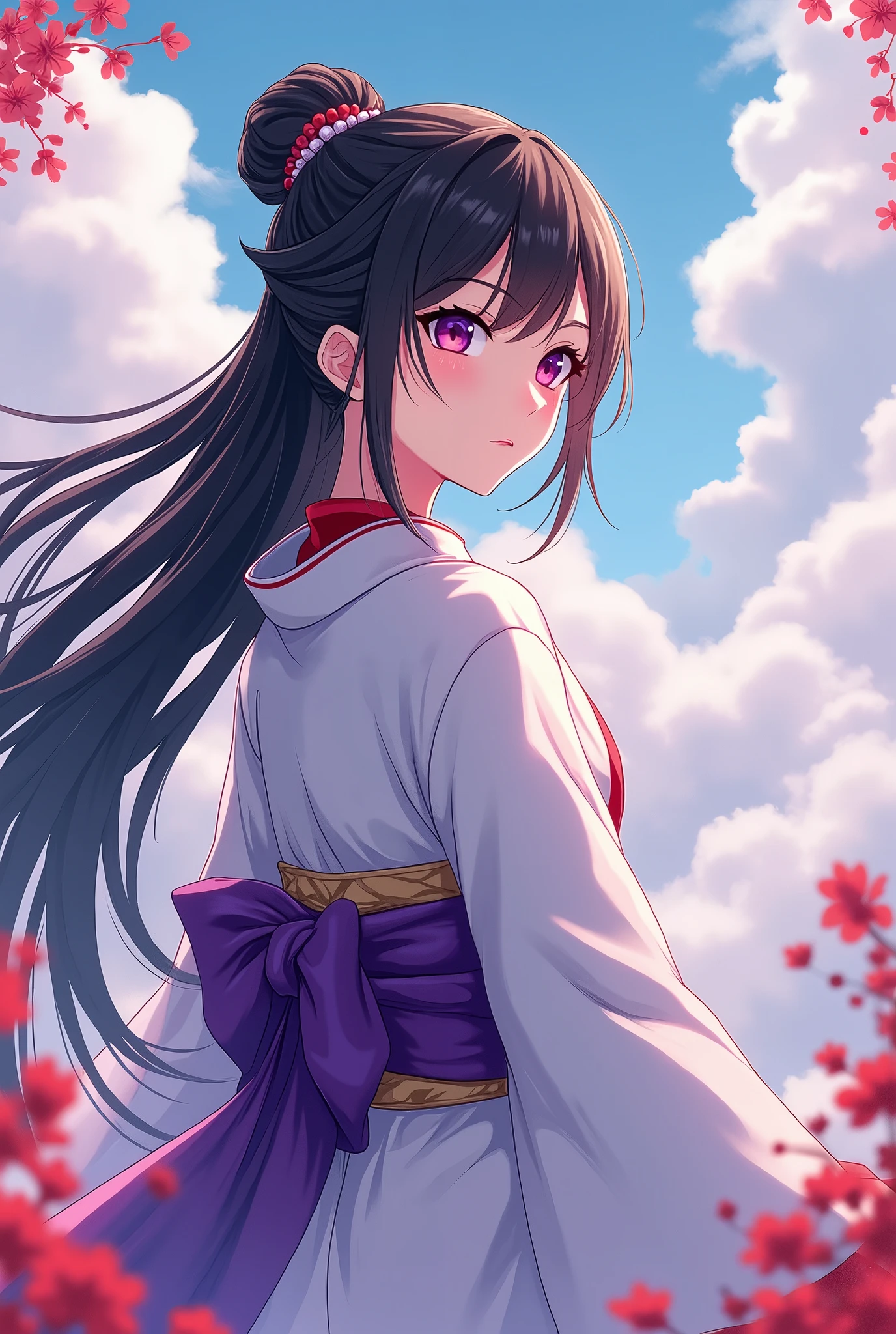  Japan's Kirishima Mountain Goddess ,  the greatest beauty in the anime world ,  long black hair up hair, (Beautiful thin eyes), Mid-chest,  white kimono with a red collar , The obi is a purple color ,  White Clouds ,Red Cloud,Purple Clouds, whole body,  best quality,  high image quality, masterpiece, 8K wallpaper,  high definition ,  Detailed Anime Art , 