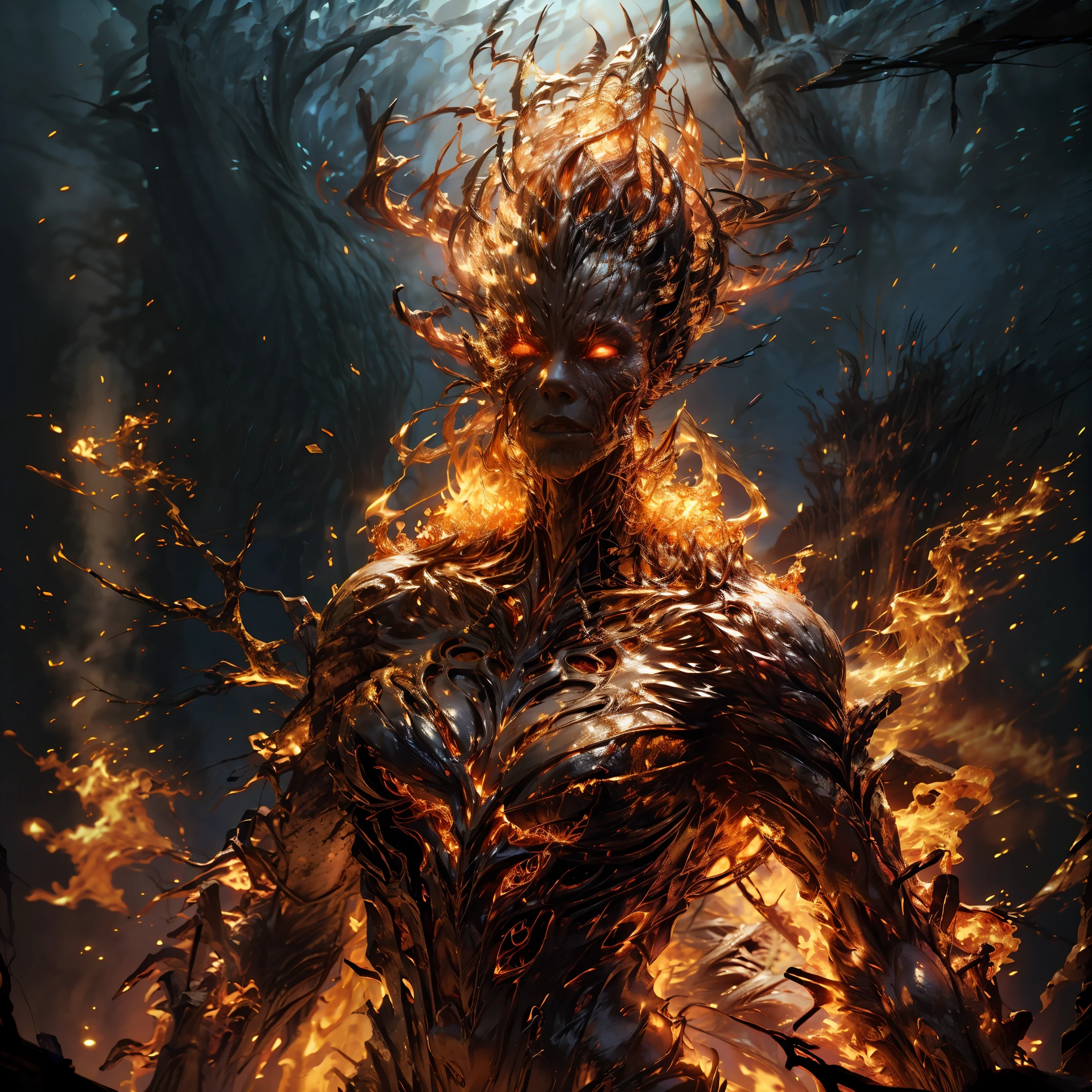 Beautiful woman with fiery elemental form, elaborate fiery details, large breasts, sensual pose, detailed face features, ethereal fire effects, dramatic lighting, cinematic composition, fantasy art, vibrant colors, seamless integration