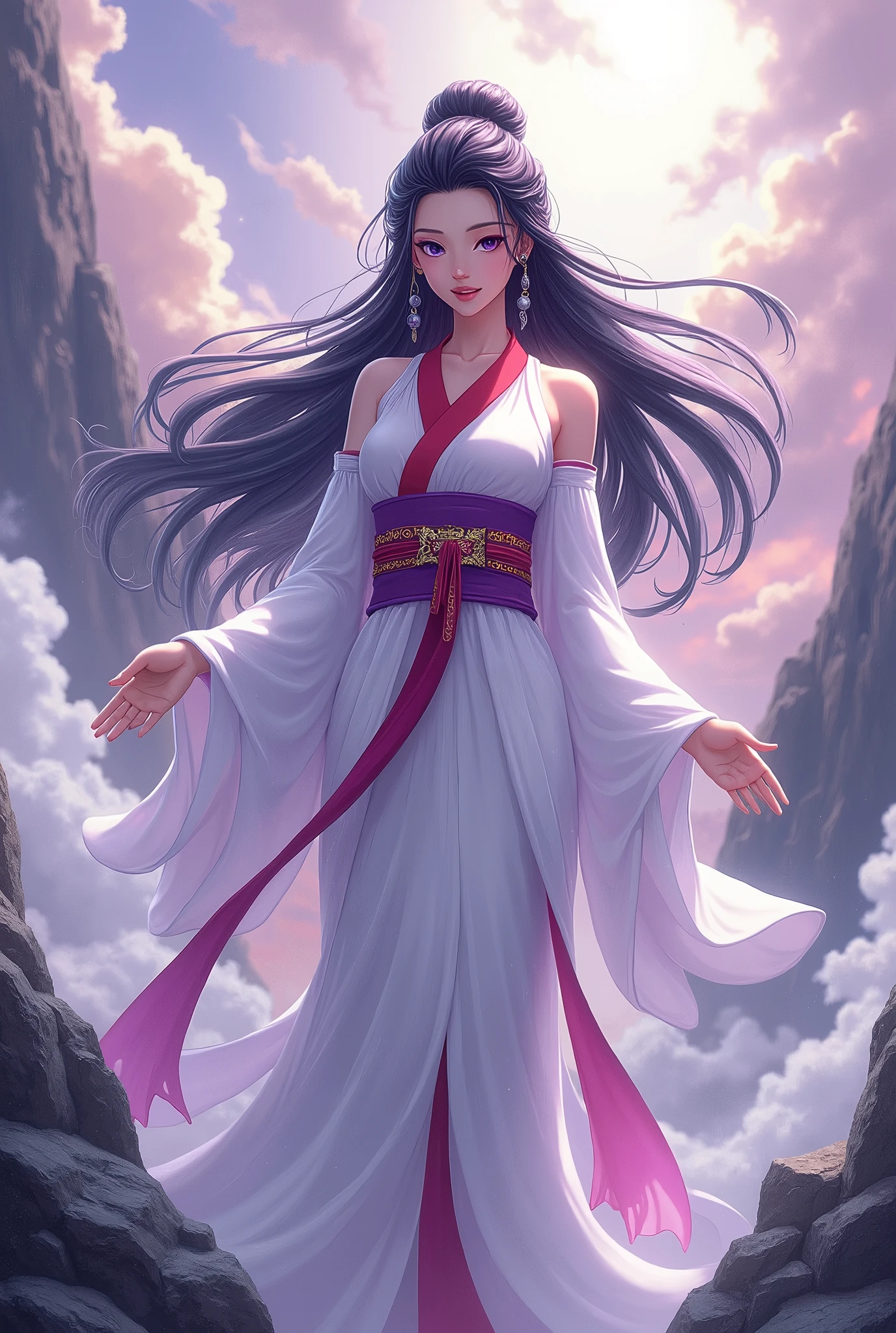  Japan's Kirishima Mountain Goddess ,  the greatest beauty in the anime world ,  long black hair up hair, (Beautiful thin eyes), Mid-chest,  white kimono with a red collar , The obi is a purple color ,  White Clouds ,Red Cloud,Purple Clouds, whole body,  best quality,  high image quality, masterpiece, 8K wallpaper,  high definition ,  detailed anime art ,  fantasy art , 