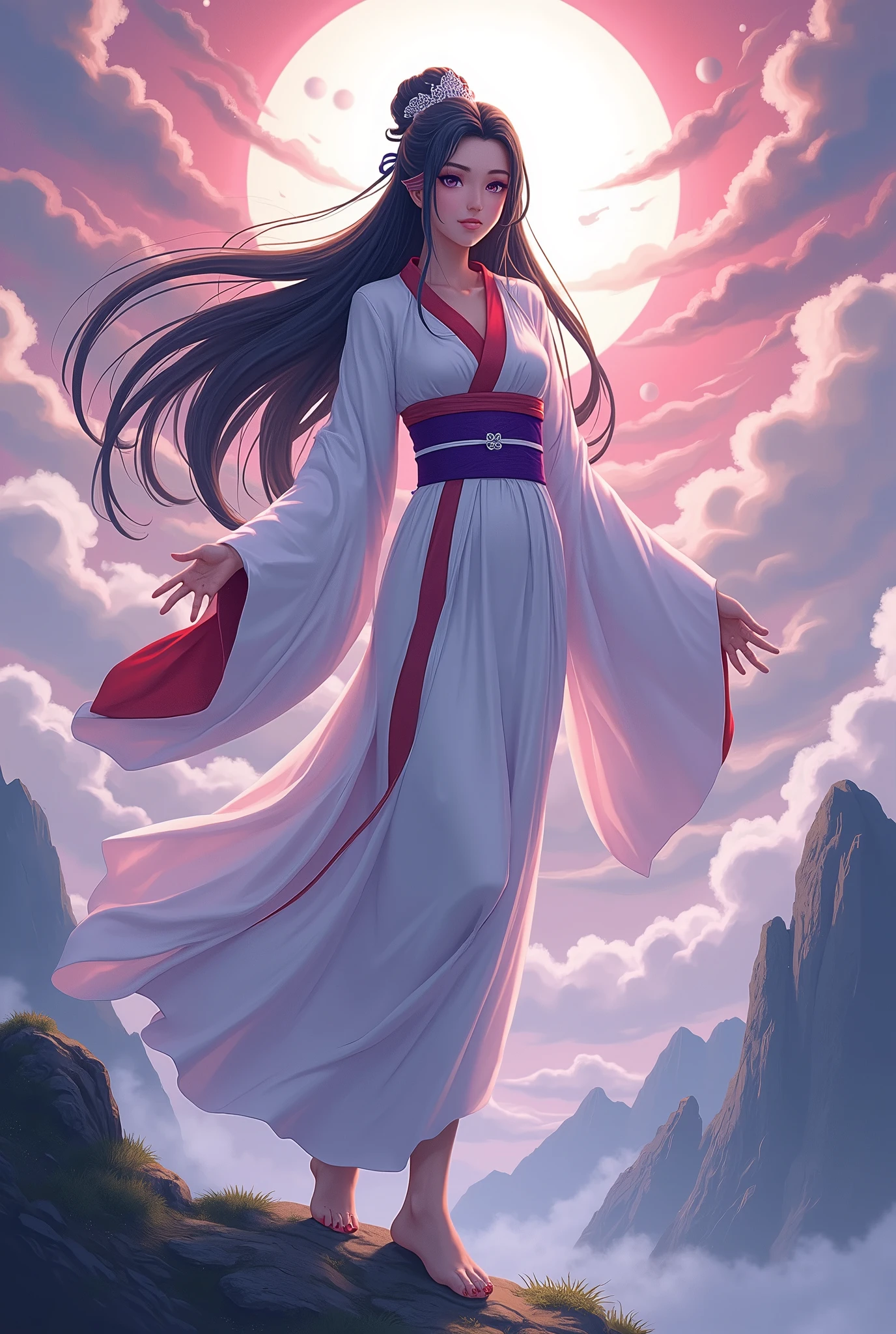  Japan's Kirishima Mountain Goddess ,  the greatest beauty in the anime world ,  long black hair up hair, (Beautiful thin eyes), Mid-chest,  white kimono with a red collar , The obi is a purple color ,  White Clouds ,Red Cloud,Purple Clouds, whole body,  best quality,  high image quality, masterpiece, 8K wallpaper,  high definition ,  detailed anime art ,  fantasy art , 