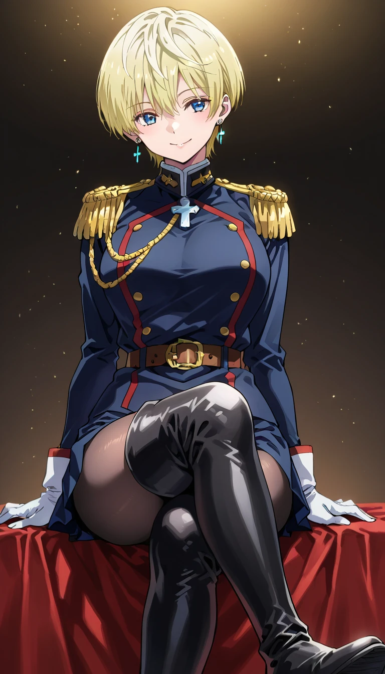 
masterpiece、best quality、extremely detailed、8k、 high-resolution photo , masterpiece,  top quality、Hires .fix:1.4、 1 beautiful woman、It goes to Izumo, short hair, blue eyes, blonde hair,thighhighs, gloves, jewelry, earrings, boots, shorts, belt, uniform, military, military uniform, thigh boots, epaulettes,skirt, long sleeves, jewelry, pantyhose, earrings、 smiles、椅子に座る、 crosses legs、