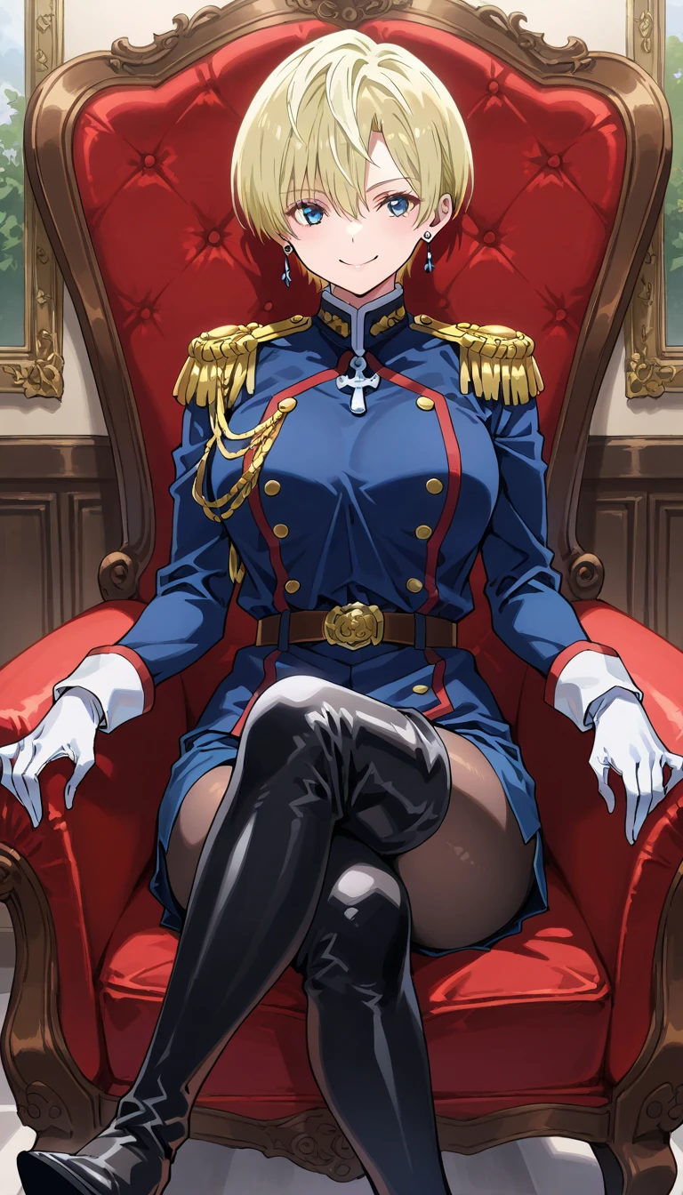 
masterpiece、best quality、extremely detailed、8k、 high-resolution photo , masterpiece,  top quality、Hires .fix:1.4、 1 beautiful woman、It goes to Izumo, short hair, blue eyes, blonde hair,thighhighs, gloves, jewelry, earrings, boots, shorts, belt, uniform, military, military uniform, thigh boots, epaulettes,skirt, long sleeves, jewelry, pantyhose, earrings、 smiles、椅子に座る、 crosses legs、