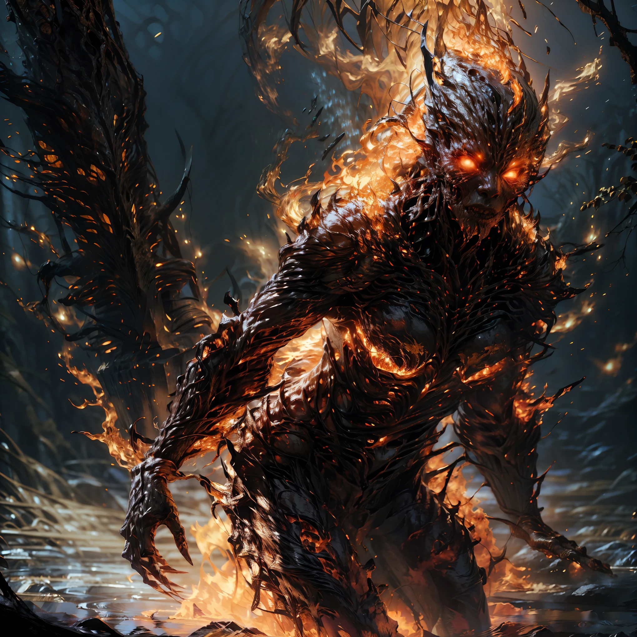 Beautiful woman with fiery elemental form, elaborate fiery details, large breasts, sensual pose, detailed face features, ethereal fire effects, dramatic lighting, cinematic composition, fantasy art, vibrant colors, seamless integration