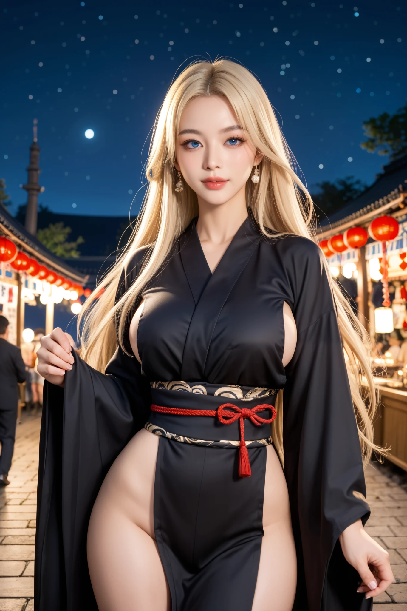Sit back and watch the fireworks display, spread legs,Woman in black yukata, blondehair,Gorgeous Japan Woman, sexy look at the camera, Good Young H Cup Bust Girl